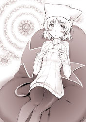 Rule 34 | 1girl, animal hat, blush, cat tail, cleavage cutout, clothing cutout, greyscale, hat, masana hatuse, meme attire, monochrome, open-chest sweater, pantyhose, ribbed sweater, sanya v. litvyak, short hair, sitting, sleeves past wrists, solo, strike witches, sweater, tail, turtleneck, world witches series