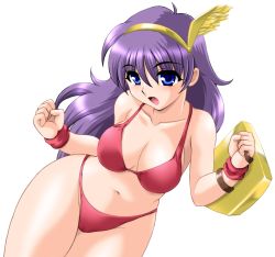 Rule 34 | 1girl, athena (series), bikini, blue eyes, breasts, cleavage, curvy, highres, hip focus, large breasts, long hair, navel, open mouth, princess athena, purple hair, red bikini, shield, snk, solo, swimsuit, the king of fighters, thighs, toushi ryoku, wide hips