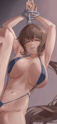 Rule 34 | 1girl, absurdres, armpits, bdsm, blue slingshot swimsuit, bondage, bound, bound wrists, breasts, brown eyes, brown hair, clenched teeth, commission, crossed bangs, hasegawa nayu, highres, large breasts, leg up, long hair, looking at viewer, low ponytail, navel, parted lips, rope, rou-kyuu-bu!, slingshot swimsuit, smoothatin, solo, stomach, sweat, swimsuit, teeth, very long hair