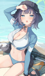 Rule 34 | 1girl, :o, arm up, beach, bikini, bikini bottom only, black hat, blue archive, blue bikini, blue eyes, breasts, bucket hat, cleavage, crop top, cropped jacket, grey hair, halo, hat, highres, jacket, large breasts, long sleeves, midriff, navel, official alternate costume, open mouth, raglan sleeves, saki (blue archive), saki (swimsuit) (blue archive), short hair, sitting, solo, stomach, swimsuit, teti, thighs, wet, white jacket, zipper