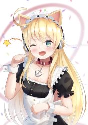 Rule 34 | 1girl, ;d, albacore (a catty surprise!) (azur lane), albacore (azur lane), anchor necklace, animal ears, apron, azur lane, belt collar, black dress, blonde hair, blush, breasts, buttons, cat ears, cat girl, cleavage, clenched hands, collar, commentary request, double-breasted, dress, fang, frilled apron, frilled dress, frills, green eyes, hand up, happy, headphones, highres, long hair, looking at viewer, maid headdress, necklace, one eye closed, open mouth, paw pose, short sleeves, small breasts, smile, solo, star (symbol), star in eye, symbol in eye, very long hair, white apron, wrist cuffs, yorumon
