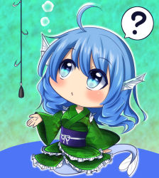 Rule 34 | 1girl, ?, ahoge, blue hair, blush, chibi, fins, fish tail, fishing hook, fishing line, fishing lure, full body, head fins, japanese clothes, kimono, long sleeves, looking at another, mermaid, monster girl, obi, parted lips, ringlets, sash, shinyafuru, solo, spoken question mark, tail, touhou, underwater, wakasagihime, wide sleeves