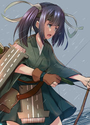 Rule 34 | 10s, 1girl, arrow (projectile), black hair, blue eyes, bow (weapon), breasts, brown hair, commentary request, cowboy shot, flight deck, gloves, hair ribbon, headband, japanese clothes, kantai collection, looking away, looking to the side, open mouth, outdoors, partially fingerless gloves, partly fingerless gloves, rain, ribbon, short hair, simple background, single glove, solo, souryuu (kancolle), tai (nazutai), twintails, weapon, yugake