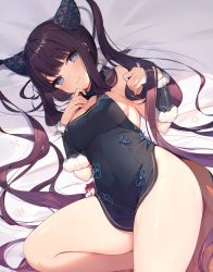 Rule 34 | 1girl, bare shoulders, black dress, blue eyes, blunt bangs, blush, breasts, china dress, chinese clothes, cleavage, detached sleeves, dress, fate/grand order, fate (series), finger to own chin, hair ornament, highres, holding, holding own hair, large breasts, long hair, looking at viewer, muryotaro, purple hair, sidelocks, solo, thighs, twintails, very long hair, yang guifei (fate)
