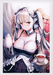 Rule 34 | 1girl, absurdres, areola slip, azur lane, bare shoulders, between breasts, blush, breasts, chair, choker, cleavage, closed mouth, collarbone, corset, cup, dress, dual wielding, earrings, formidable (azur lane), frills, hair ribbon, highres, holding, indoors, jewelry, large breasts, lips, long hair, looking at viewer, necktie, necktie between breasts, parted lips, plate, platinum blonde hair, red eyes, rei (rei&#039;s room), ribbon, scan, shiny skin, sleeveless, sleeveless dress, solo, sparkle, spoon, tea, teacup, teapot, twintails, two-tone dress, two-tone ribbon, very long hair
