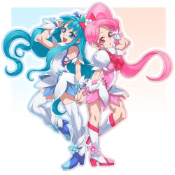 Rule 34 | 10s, 2girls, bad id, bad pixiv id, blue eyes, blue hair, blue skirt, boots, bow, cure blossom, cure marine, eyelashes, hanasaki tsubomi, heart, heartcatch precure!, highres, knee boots, kurumi erika, long hair, magical girl, multiple girls, pink bow, pink eyes, pink hair, ponytail, precure, skirt, takoyaki neko-san, thighhighs, twintails, very long hair, white thighhighs, wrist cuffs