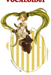 Rule 34 | 1girl, bad id, bad pixiv id, detached sleeves, gou (tomero), green eyes, green hair, hatsune miku, jump rope, long hair, matching hair/eyes, necktie, skirt, solo, thighhighs, tomero, twintails, very long hair, vocaloid