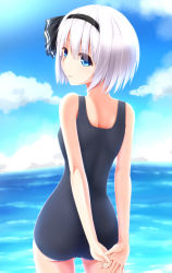 Rule 34 | 1girl, arms behind back, ass, bare shoulders, blue eyes, blue one-piece swimsuit, blue sky, cloud, cowboy shot, day, evandragon, from behind, gradient background, hair ribbon, hairband, highres, konpaku youmu, looking back, ocean, one-piece swimsuit, parted lips, ribbon, school swimsuit, short hair, silver hair, sky, solo, standing, swimsuit, touhou, water