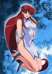 Rule 34 | 00s, 1girl, absurdres, bare shoulders, blue eyes, china dress, chinese clothes, covered erect nipples, dita liebely, dress, highres, jumping, kuroda kazuya, long hair, open mouth, pinup (style), red hair, smile, solo, vandread, very long hair