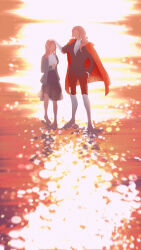 Rule 34 | 1boy, 1girl, angel, bare legs, bernadette gustav, black jacket, black skirt, blue jacket, boots, brown hair, cape, dated, faceless, father and daughter, ginopener, hand on own chest, headpat, highres, jacket, long hair, looking at another, lord of the mysteries, red cape, reflective floor, roselle gustav, shirt, skirt, sunlight, sunset, white shirt