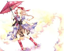 Rule 34 | 1girl, cloud, japanese clothes, kimono, oil-paper umbrella, painting (medium), ribbon, socks, solo, traditional media, uko (artist), umbrella, watercolor (medium), yufushi
