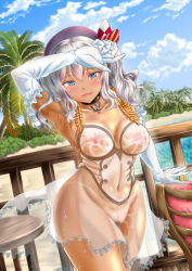 Rule 34 | 10s, 1girl, adapted costume, anchor choker, armpits, beach, beret, bikini tan, blue eyes, blush, breasts, chair, chemise, cloud, covered erect nipples, cowboy shot, curvy, day, elbow gloves, female pubic hair, gloves, hat, kantai collection, kashima (kancolle), kasugano tobari, lingerie, looking at viewer, medium breasts, nipples, open mouth, outdoors, palm tree, pier, pubic hair, see-through, silver hair, sky, smile, solo, sweat, table, tan, tanline, thick thighs, thighs, tree, underwear, underwear only, white gloves, wide hips