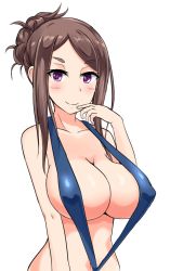 Rule 34 | 1girl, blush, breasts, brown hair, cleavage, covered erect nipples, dorothy (princess principal), finger to mouth, large breasts, long hair, looking at viewer, princess principal, purple eyes, slingshot swimsuit, smile, solo, swimsuit, upper body, white background, yuguran (specs)
