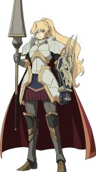 Rule 34 | 10s, 1girl, alicetaria february, armor, blonde hair, cape, full body, gauntlets, gloves, highres, holding, holding weapon, long hair, official art, polearm, re:creators, simple background, skirt, solo, spear, weapon, white background, yellow eyes