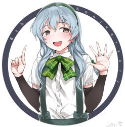 Rule 34 | 1girl, anniversary, bow, bowtie, braid, circle, commentary request, fang, green bow, green bowtie, grey eyes, index finger raised, kantai collection, long hair, looking at viewer, open mouth, open palm, plaid, plaid bow, plaid bowtie, plaid neckwear, shirt, sidelocks, silver hair, single braid, smile, solo, suspenders, wavy hair, white background, white shirt, yamagumo (kancolle), yukiguni yuu
