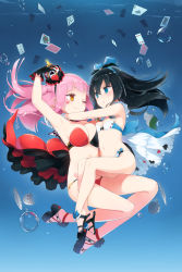 Rule 34 | 2girls, air bubble, alice (alice in wonderland), alice in wonderland, arm up, armpits, bare legs, bikini, black gloves, black hair, blue eyes, blunt bangs, breasts, bubble, card, cleavage, crown, cup, gloves, heart, highres, homura subaru, large breasts, long hair, lowleg, lowleg bikini, mini crown, multiple girls, nail polish, navel, one eye closed, original, pink hair, playing card, queen of hearts (alice in wonderland), red bikini, sandals, small breasts, smile, spade (shape), stomach, strapless, strapless bikini, swimsuit, teacup, toenail polish, toenails, underwater, white bikini, yellow eyes