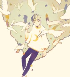 Rule 34 | 1boy, animal, bad id, bad pixiv id, beige background, bird, blonde hair, crescent, dove, expressionless, flying, highres, looking to the side, male focus, original, pants, personification, sepia, shirt, simple background, smile, solo, star (symbol), tofuvi, too many, too many birds, white background, white shirt, wide sleeves, yellow background