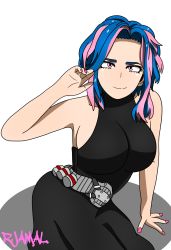 Rule 34 | 1girl, absurdres, arm at side, armpits, artist name, bare shoulders, belt, belted dress, black dress, blue hair, boku no hero academia, breasts, collarbone, dress, eyebrows, eyelashes, female focus, hand rest, hand up, highres, lady nagant, large breasts, legs, looking at viewer, medium hair, multicolored hair, nail polish, neck, parted bangs, pink eyes, pink hair, playing with own hair, red nails, rjamal, shiny clothes, shiny skin, short dress, sideboob, sidelocks, simple background, sitting, skin tight, sleeveless, sleeveless dress, smile, thighs, turtleneck, turtleneck dress, two-tone hair, utility belt, white background
