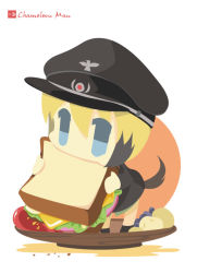 Rule 34 | 1girl, artist name, bad id, bad pixiv id, blonde hair, blue eyes, chameleon man (three), chibi, eating, erica hartmann, flat color, food, fruit, grapes, hat, lettuce, mini person, minigirl, multicolored hair, no lineart, plate, sandwich, short hair, simple background, solo, strike witches, tail, two-tone hair, uniform, white background, world witches series