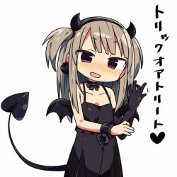 Rule 34 | 10s, 1girl, adjusting clothes, adjusting gloves, bare shoulders, black dress, blush, brown hair, commentary, demon tail, dress, fake horns, fake tail, fake wings, girls und panzer, gloves, halloween costume, happy halloween, horns, kanikama, off shoulder, open mouth, shimada arisu, side ponytail, simple background, solo, tail, translated, trick or treat, two side up, white background, wings