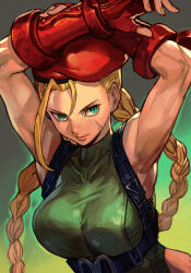 Rule 34 | 1girl, ahoge, armpits, arms up, beret, blonde hair, braid, cammy white, chest harness, fingerless gloves, gloves, green eyes, green leotard, harness, hat, huge ahoge, hungry clicker, leotard, long hair, scar, scar on face, solo, street fighter, street fighter v, twin braids
