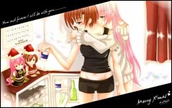Rule 34 | 10s, 2010, 2girls, alcohol, bare arms, beer, black shorts, black tank top, blue eyes, blush, brown eyes, brown hair, character doll, christmas, couple, doll, dress, drink, english text, female focus, fish, food, half-closed eyes, hat, holding hands, hug, hug from behind, long hair, long sleeves, megurine luka, meiko (vocaloid), merry christmas, midriff, multiple girls, navel, neck, off shoulder, parted lips, pink hair, refrigerator, short hair, short shorts, shorts, smile, spring onion, standing, sweater, sweater dress, tank top, very long hair, vocaloid, yuri