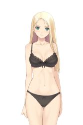 Rule 34 | 00s, 1girl, bare shoulders, black bra, black panties, blonde hair, blush, bra, breasts, closed mouth, collarbone, date wingfield reiko, eyebrows, fault!!, female focus, game cg, green eyes, groin, large breasts, legs, legs together, long hair, looking at viewer, midriff, navel, panties, simple background, smile, solo, standing, thighs, tony taka, underwear, upper body, white background