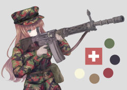 Rule 34 | 1girl, absurdres, aiming, alternate costume, aqua eyes, barrel shroud, battle rifle, belt, belt pouch, bipod, blunt bangs, brown hair, camouflage, camouflage headwear, camouflage jacket, camouflage pants, circle, color guide, commentary, commission, cowboy shot, cross, english commentary, fatigues, field cap, finger on trigger, flip-up sight, girls&#039; frontline, gloves, greek cross, green belt, green jacket, green pants, grey background, grey gloves, gun, gun sling, hat, highres, holding, holding gun, holding weapon, jacket, long hair, long sleeves, looking ahead, martinreaction, military hat, military jacket, military uniform, multicolored clothes, multicolored hat, multicolored jacket, multicolored pants, pants, pocket, pouch, rifle, sig-510 (girls&#039; frontline), sig sg510, simple background, soldier, solo, swiss flag, switzerland, uniform, utility belt, wavy hair, weapon, woodland camouflage