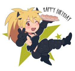 Rule 34 | 1girl, black gloves, black overalls, blonde hair, breasts, cleavage, dorohedoro, dumpling, food, full body, gloves, happy birthday, horns, large breasts, morphin e, nikaidou (dorohedoro), open mouth, overalls, ponytail, red eyes, sideboob, smile, solo, w