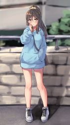 Rule 34 | 1girl, absurdres, bag, bare legs, between breasts, black bag, blue hoodie, blush, breasts, brown eyes, brown hair, closed mouth, day, forneus 0, frown, full body, furrowed brow, futaba rio, glasses, hair ornament, hair over shoulder, hair scrunchie, hand in own hair, hand in pocket, hand up, handbag, highres, hood, hoodie, long hair, looking at viewer, no socks, outdoors, ponytail, railing, scrunchie, seishun buta yarou, shadow, shoes, shy, sidelocks, sneakers, solo, standing, stone wall, strap between breasts, wall, white footwear, yellow eyes, yellow scrunchie