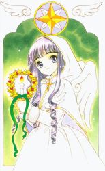 Rule 34 | 1990s (style), 1girl, border, candle, cardcaptor sakura, clamp, daidouji tomoyo, drill hair, long hair, looking at viewer, outside border, retro artstyle, smile, solo, star (symbol), white border, wings, wreath
