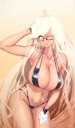 Rule 34 | ahoge, alma armas, arm behind head, armpits, bikini, black bikini, blonde hair, breasts, cleavage, curvy, glasses, gloves, gradient background, hand on thigh, highres, large breasts, long hair, looking at viewer, midriff, one eye closed, patterned background, puk (higanbana doujin), sideboob, strap, swimsuit, tan, thick thighs, thighs, underboob, va-11 hall-a, very long hair, watermark, white gloves, wink, yellow background, yellow eyes