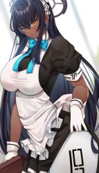 Rule 34 | 1girl, absurdres, apron, black hair, blue archive, breasts, cowboy shot, cromwellb, dark-skinned female, dark skin, dress, frilled apron, frills, gloves, hair between eyes, highres, karin (blue archive), large breasts, maid, maid headdress, ribbon, solo, standing, yellow eyes