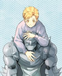 Rule 34 | 1boy, alphonse elric, armor, blonde hair, carrying, closed mouth, elbow spikes, eyelashes, facing away, fingernails, from above, fullmetal alchemist, grey sweater, hand rest, happy, helmet, light blue background, light blush, loincloth, long sleeves, looking afar, male focus, pai (1111), piggyback, puffy long sleeves, puffy sleeves, shoulder spikes, simple background, smile, spiked helmet, spikes, striped, striped background, sweater, swept bangs, tareme, yellow eyes
