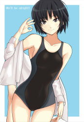 Rule 34 | 1girl, amagami, armpits, barefoot, birthday, black hair, black one-piece swimsuit, blue background, blue one-piece swimsuit, bob cut, breasts, brown eyes, character name, closed mouth, collarbone, commentary, competition swimsuit, cowboy shot, dated, dress shirt, english commentary, english text, foot up, gluteal fold, highres, light blush, looking at viewer, medium breasts, nanasaki ai, off shoulder, ok sign, one-piece swimsuit, open clothes, open shirt, outside border, romaji text, saitou shouki, shirt, short hair, smile, solo, standing, standing on one leg, swimsuit, swimsuit under clothes, textless version, thighs, two-tone swimsuit, white shirt