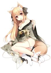 Rule 34 | 1girl, animal ear fluff, animal ears, ass, bare shoulders, bell, blonde hair, bow, breasts, brown bow, brown ribbon, cleavage, closed mouth, commentary request, copyright request, flower, fox ears, fox girl, fox tail, full body, grey kimono, hair between eyes, hair bow, hair flower, hair ornament, japanese clothes, jingle bell, kimono, loading (verjuice), long hair, looking at viewer, medium breasts, mouth hold, no shoes, off shoulder, official art, panties, red eyes, ribbon, ribbon in mouth, simple background, smile, socks, solo, tabi, tail, transparent background, underwear, very long hair, white background, white flower, white panties, white socks