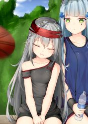 Rule 34 | ball, basketball, basketball (object), blue hair, blunt bangs, blush, bottle, character name, chixiao, closed eyes, closed mouth, collarbone, day, drooling, g11 (girls&#039; frontline), girls&#039; frontline, green eyes, grey hair, grey shirt, hair between eyes, headband, highres, hk416 (girls&#039; frontline), holding, holding bottle, long hair, motion blur, off-shoulder shirt, off shoulder, open mouth, shirt, shorts, sidelocks, sitting, tank top, water bottle