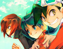 Rule 34 | &gt;:), 1girl, 2boys, aqua hair, blue eyes, brown eyes, cloud, creatures (company), ethan (pokemon), game freak, goggles, goggles on head, green hair, grin, hair over one eye, hat, kris (pokemon), lowres, multiple boys, nintendo, pokemon, pokemon adventures, red hair, silver (pokemon), smile, twintails, v-shaped eyebrows, yellow eyes