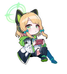 Rule 34 | 1girl, animal ear headphones, animal ears, b.t. (boob tong), black thighhighs, blonde hair, blue archive, blue bow, blush, bow, cat ear headphones, chibi, controller, fake animal ears, full body, game controller, green eyes, hair bow, halo, handheld game console, headphones, holding, holding handheld game console, looking at viewer, midori (blue archive), simple background, solo, thighhighs, white background, zettai ryouiki