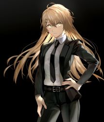 Rule 34 | 1girl, absurdres, alternate costume, belt, black background, collared shirt, commission, cowboy shot, dress shirt, expressionless, formal, girls&#039; frontline, hand on own hip, highres, hitotsuyama jitan, light brown hair, long hair, looking at viewer, necktie, ppk (girls&#039; frontline), shirt, shirt tucked in, skeb commission, solo, suit, very long hair, yellow eyes