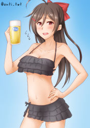Rule 34 | 1girl, ahoge, alcohol, anti (untea9), beer, bikini, bikini skirt, black bikini, blue background, breasts, brown hair, cleavage, commentary request, cowboy shot, flying sweatdrops, frilled bikini, frills, glass, gradient background, hair ornament, hair ribbon, hairclip, hand on own hip, highres, holding, kantai collection, large breasts, long hair, looking at viewer, mamiya (kancolle), red eyes, red ribbon, ribbon, solo, swimsuit, twitter username