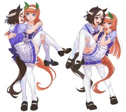 2girls animal_ears benikirin black_footwear blue_eyes blush brown_hair carrying closed_eyes closed_mouth eye_contact full_body hairband highres holding holding_own_hair horse_ears horse_girl horse_tail long_hair looking_at_another multicolored_hair multiple_girls multiple_views open_mouth orange_hair princess_carry puffy_short_sleeves puffy_sleeves purple_eyes purple_shirt school_uniform shirt shoes short_hair short_sleeves silence_suzuka_(umamusume) skirt smile special_week_(umamusume) tail thighhighs tracen_school_uniform two-tone_hair umamusume white_skirt yuri