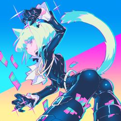 Rule 34 | androgynous, animal ears, black gloves, bulge, cat boy, cat ears, cat tail, fingernails, from behind, frown, gloves, green hair, highres, lio fotia, looking at viewer, looking back, male focus, neon palette, promare, sharp fingernails, short hair, skin tight, sparkle, tail, wazuka (wzzc)