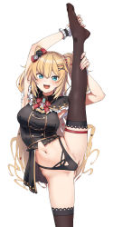Rule 34 | 1girl, :d, absurdres, akai haato, akai haato (gothic lolita), arm up, armpits, black capelet, black dress, black panties, black thighhighs, blonde hair, blue eyes, blush, bow, bowtie, breasts, brooch, buttons, capelet, clothing cutout, double-breasted, dress, flower, foot out of frame, frills, hair between eyes, hair flower, hair ornament, hairclip, heart, heart cutout, heart hair ornament, highleg, highleg panties, highres, hololive, jewelry, long hair, looking at viewer, medium breasts, navel, no pants, official alternate costume, open mouth, panties, red bow, red bowtie, shinomu (cinomoon), simple background, sleeveless, sleeveless dress, smile, solo, split, standing, standing on one leg, standing split, thighhighs, thighs, two side up, underwear, virtual youtuber, white background, wing collar, wrist cuffs, x hair ornament