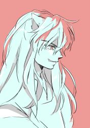 Rule 34 | 1boy, animal ears, grin, hair between eyes, inuyasha, inuyasha (character), long hair, looking down, male focus, monochrome, motobi (mtb umk), profile, red background, red eyes, simple background, smile, smirk, solo, spot color, upper body