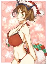 Rule 34 | 10s, 1girl, arms behind back, bare shoulders, bra, breasts, brown hair, christmas, cleavage, gift, green eyes, hat, headgear, huge breasts, kantai collection, large breasts, mutsu (kancolle), o-ring, o-ring bottom, o-ring top, panties, red bra, red panties, santa hat, short hair, snowflakes, solo, sparkle, sun-3, underwear, underwear only
