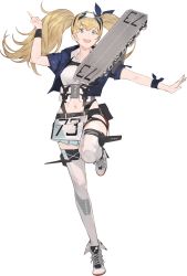 Rule 34 | 1girl, akira (kadokawa), belt, blonde hair, blue eyes, breast pocket, breasts, collared shirt, flight deck, full body, gambier bay (kancolle), gambier bay mk ii (kancolle), hairband, highres, kantai collection, large breasts, machinery, official art, open mouth, outstretched arm, pocket, shirt, smile, thighhighs, transparent background, twintails, white thighhighs
