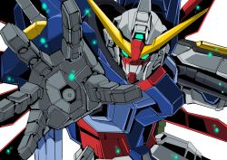 Rule 34 | 00s, armor, destiny gundam, glowing, glowing eyes, green eyes, gundam, gundam seed, gundam seed destiny, looking at viewer, machinery, mecha, no humans, outstretched hand, palms, robot, shield, wings, zonfutoshi