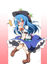 Rule 34 | ^^^, 1girl, blue hair, blush, boots, commentary request, date pun, dress, dress shirt, dress tug, food, food on head, fruit, fruit on head, hat, hinanawi tenshi, knee boots, knees together feet apart, layered dress, number pun, object on head, peach, red eyes, senba chidori, shirt, solo, surprised, touhou, wind, wind lift