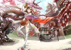 Rule 34 | 1girl, brown eyes, brown hair, cherry blossoms, dragon, hand fan, folding fan, highres, japanese clothes, long hair, original, solo, temple, thighhighs, very long hair, wide sleeves, yache